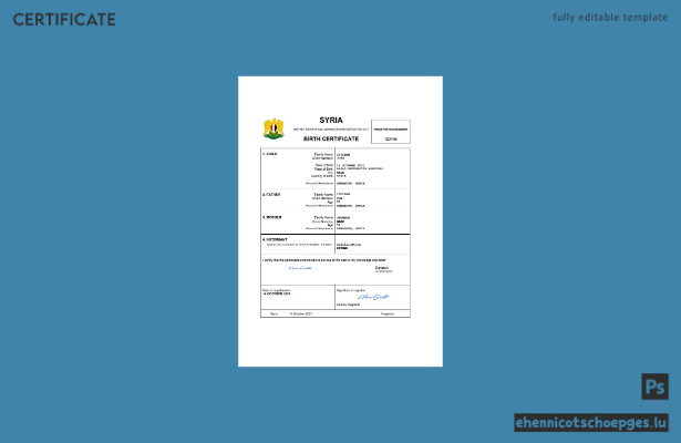 Syrische Geburtsurkunde – Beispielvorschau in Word und PDF